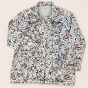 Tribal Jeans Floral Light Wash Jean Jacket (XXL) Plus Size Long Denim Coat Heavy